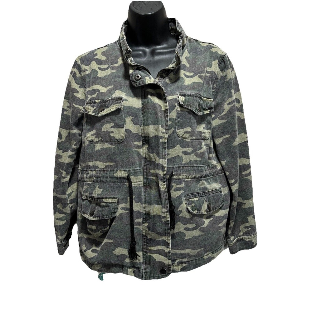 Re-Order Camo Zip/Snap Jacket Drawstring Waist Size L Pockets Cotton Military